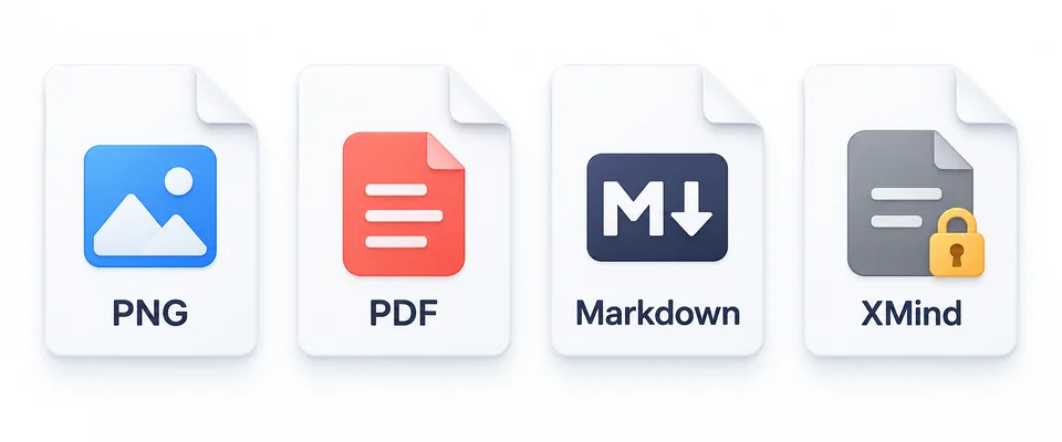 PNG, PDF, Markdown and subscription-only XMind export formats