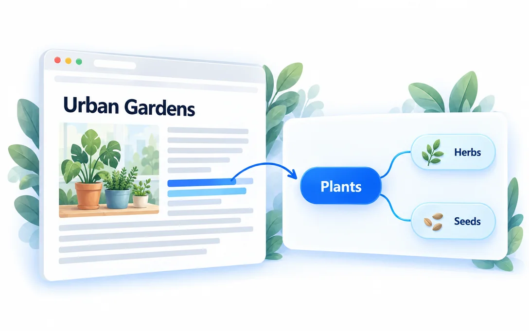 Highlighted webpage paragraphs mapped to topic branches