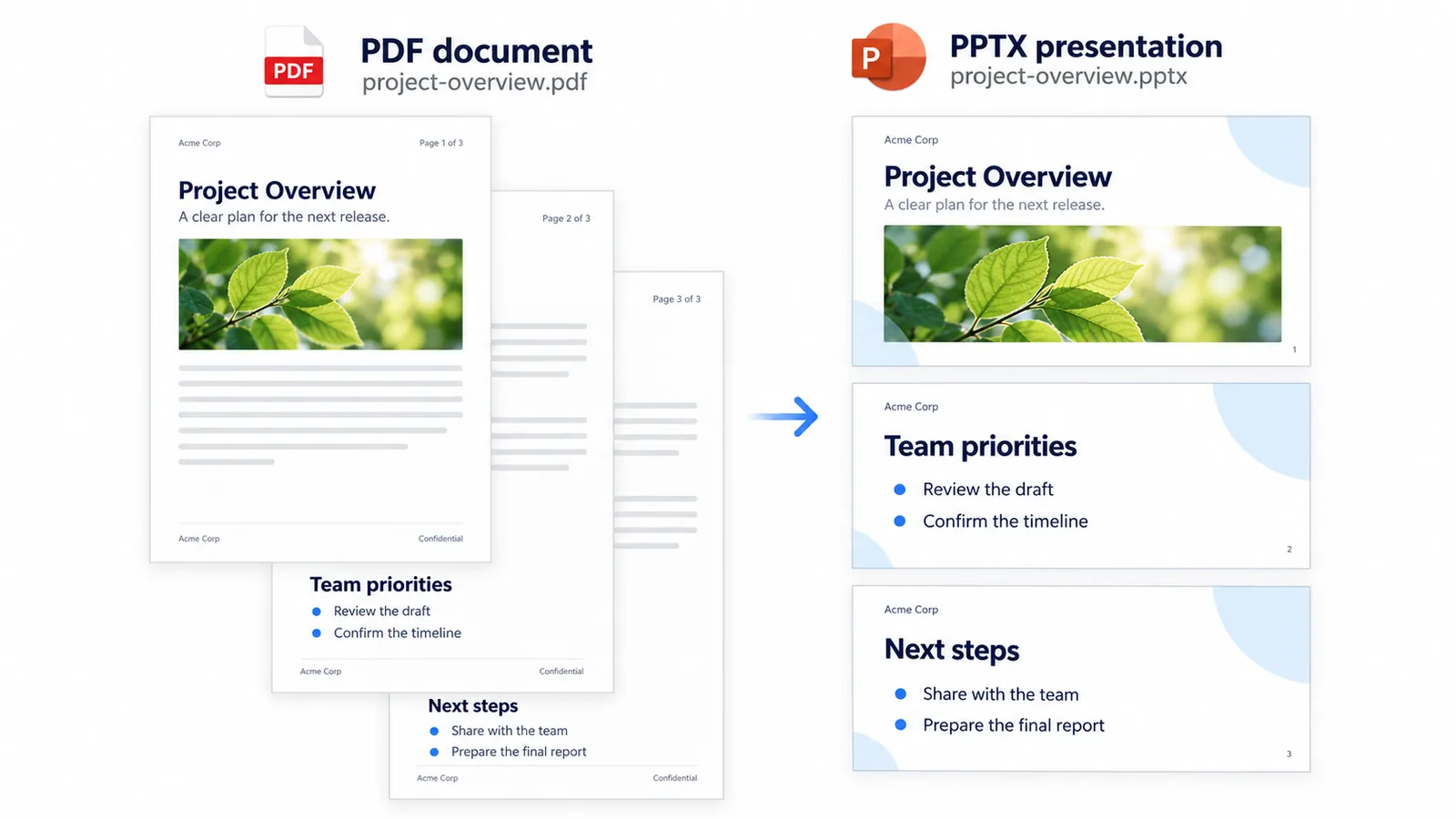 例：PDF の元ファイルと PPTX / ODP の結果