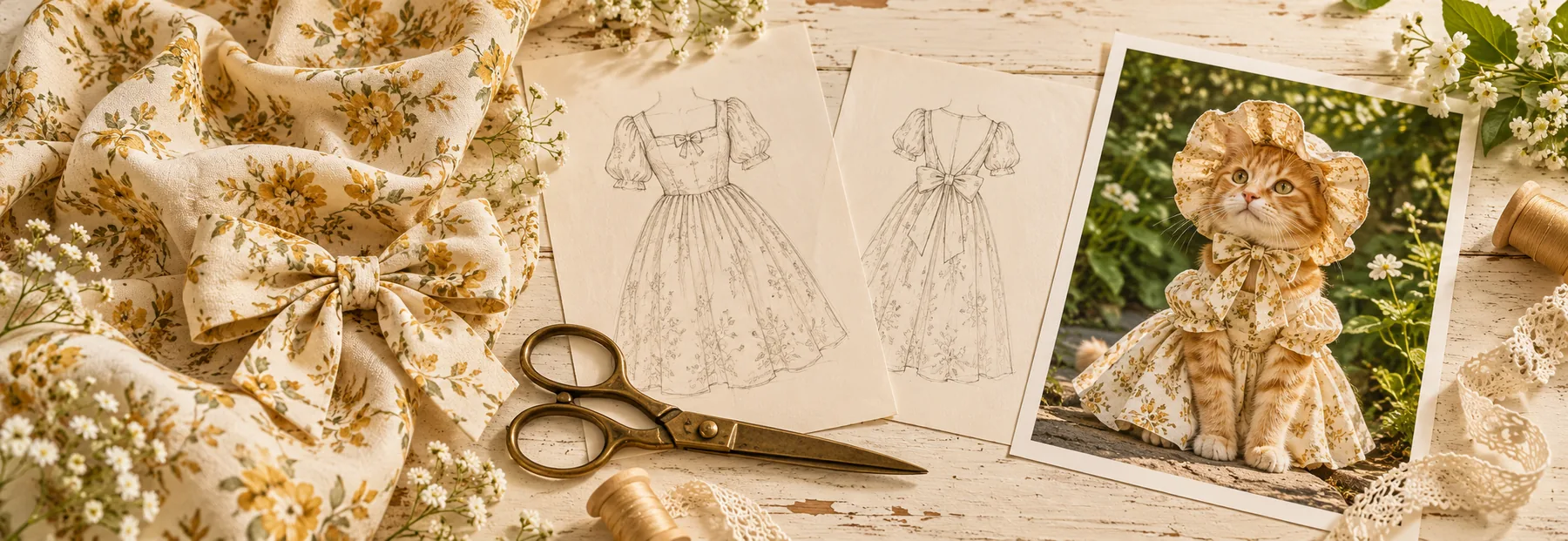 Cream floral fabric, dress sketches, scissors and a photo of a ginger cat in a vintage outfit