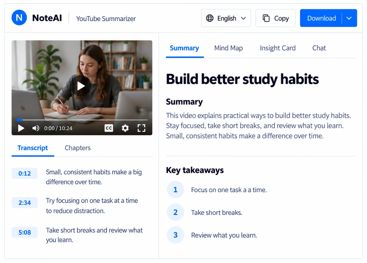 YouTube 视频、原文与 AI 摘要和关键要点并排展示。