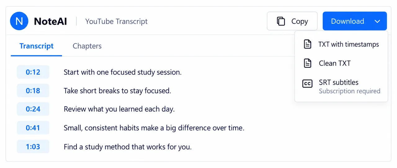 NoteAI transcript with timestamps and export menu